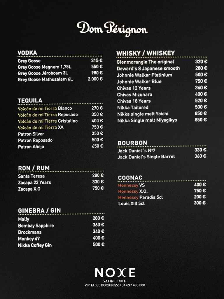 carta precios noxe barcelona price bottle menu
